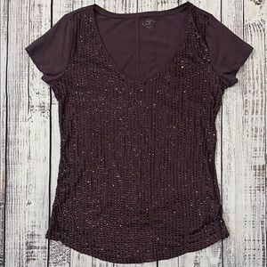 LOFT Purple Sequin‎ Fitted Short Sleeve Blouse